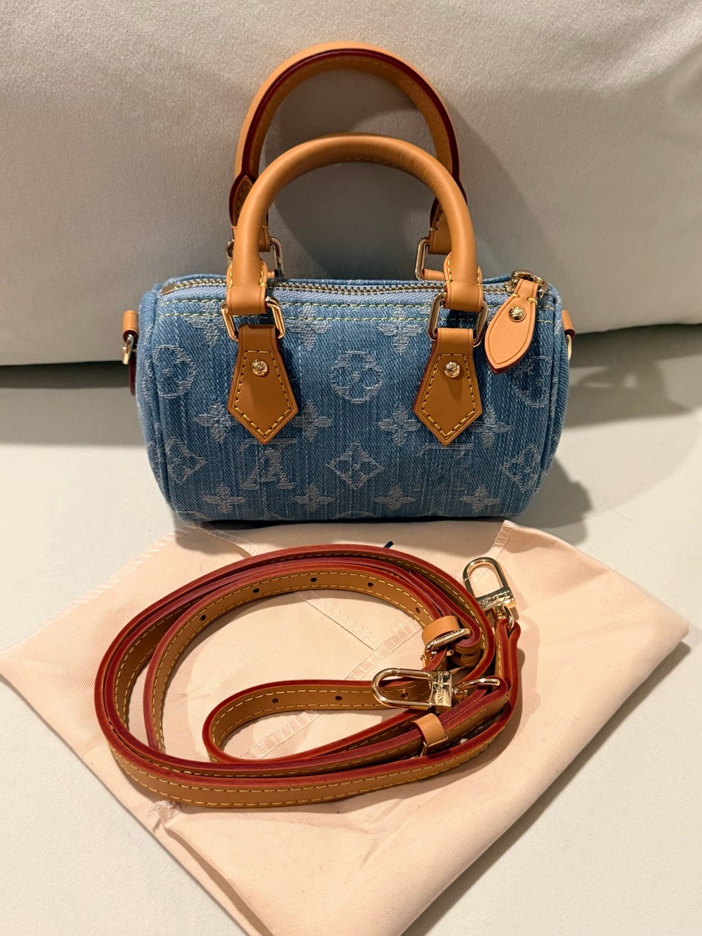 Blue Monogram Denim Mini Satchel Leather Trim Adjustable Crossbody Strap - Picture 3 of 6